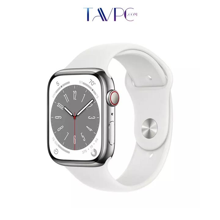 ساعت هوشمند اپل واچ سری 8 مدل 45 میلی متری با بند سفید و بدنه آلومینیومی نقره ای Apple Watch Series 8 45mm Silver Aluminum Case with White Sport Band